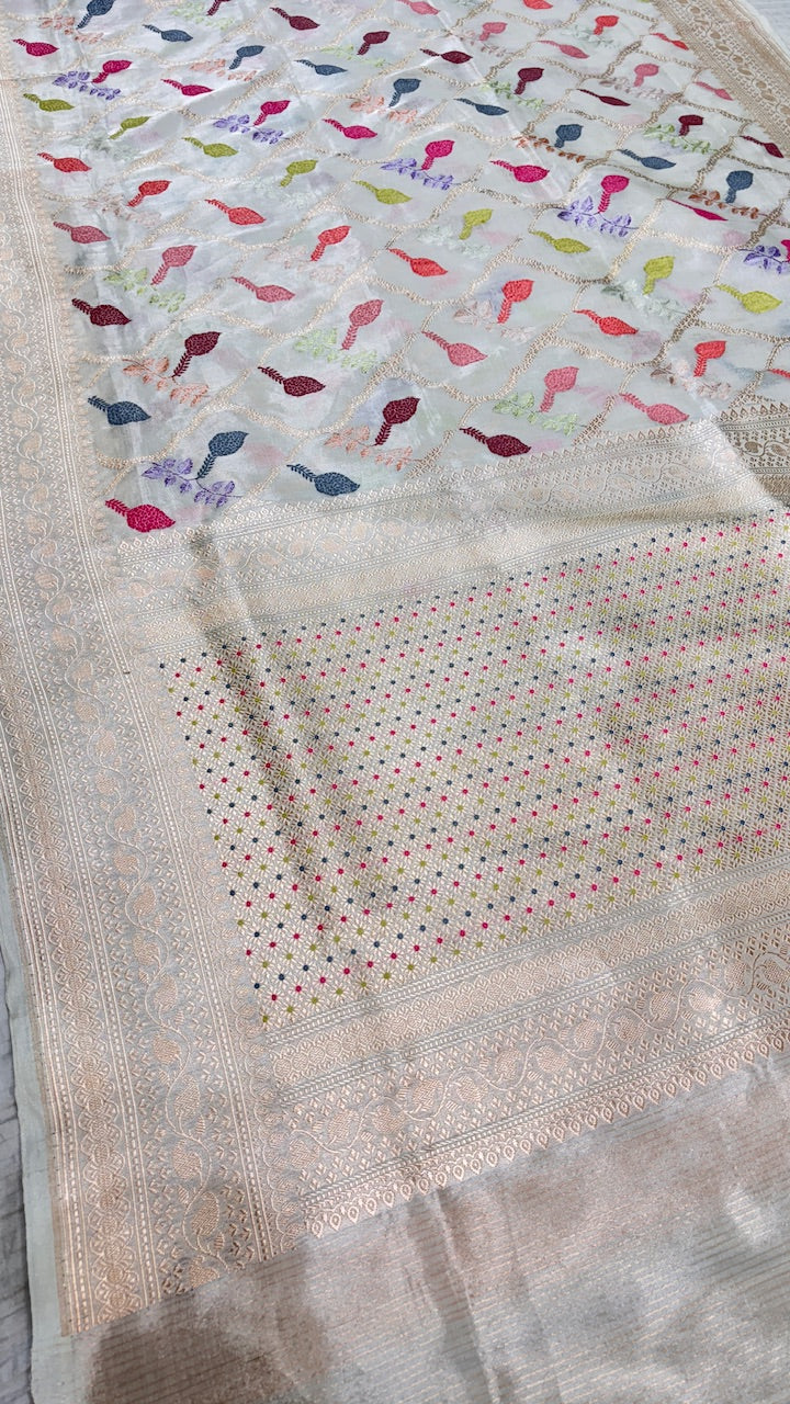ivory Pure Banarasi Tissue Handwoven Saree