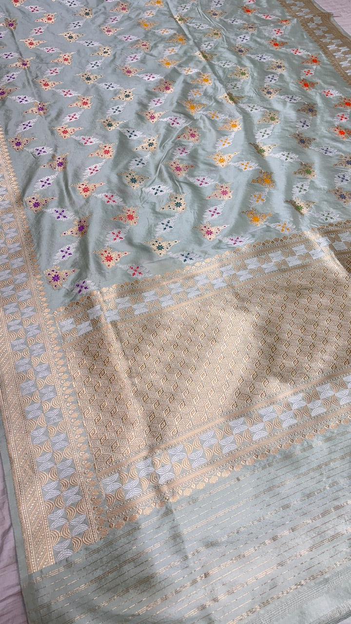 Light Slate Gray Banarasi Katan Silk Handwoven Saree