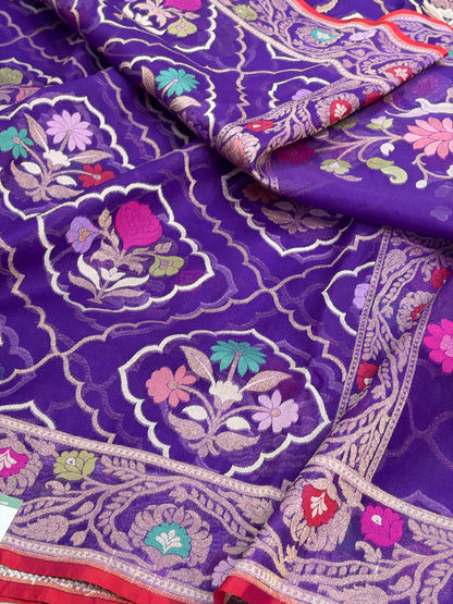 Purple Pure Banarasi Kora Jamdani Sare