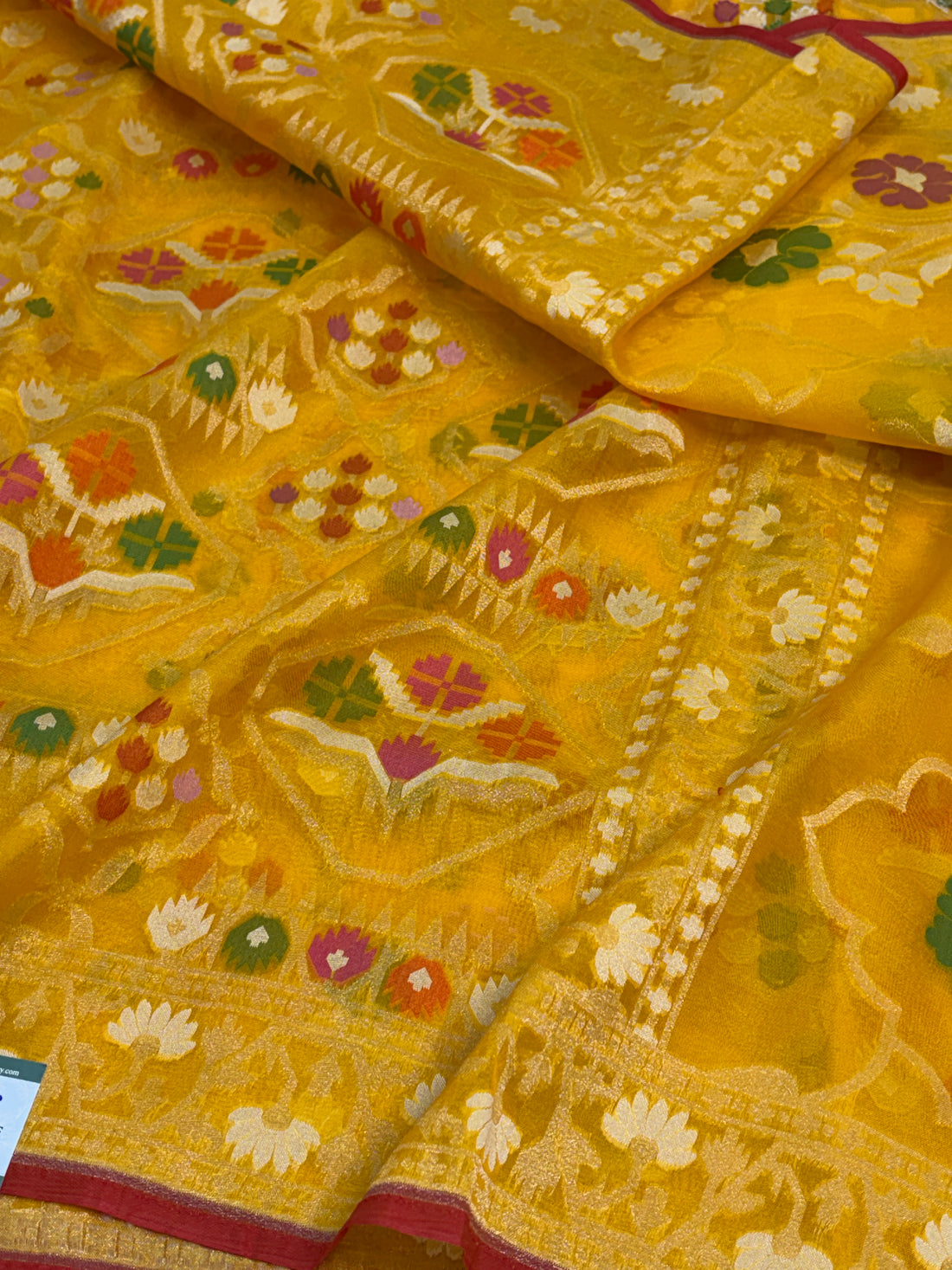 Yellow Pure Banarasi Kora Jamdani Saree