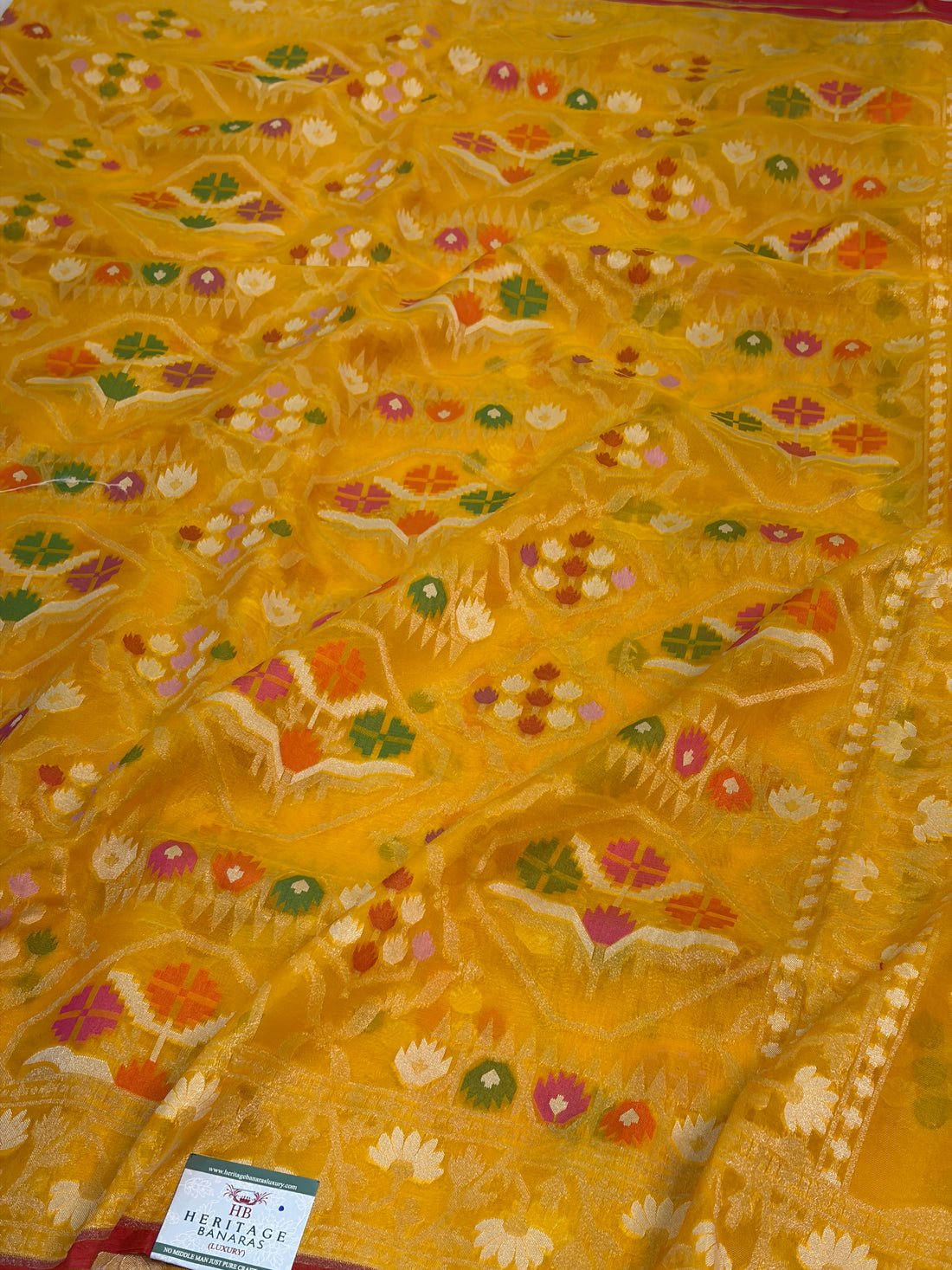 Yellow Pure Banarasi Kora Jamdani Saree