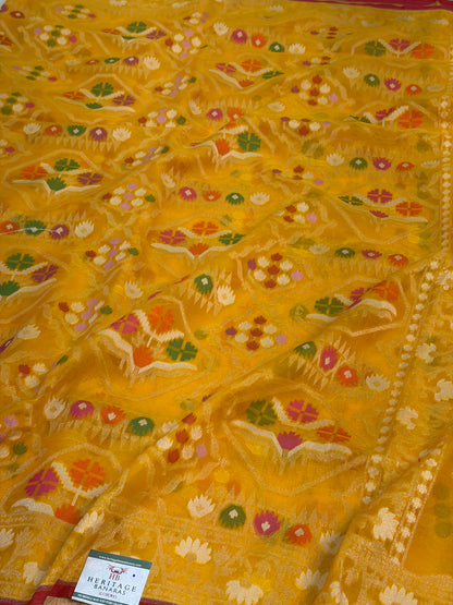 Yellow Pure Banarasi Kora Jamdani Saree