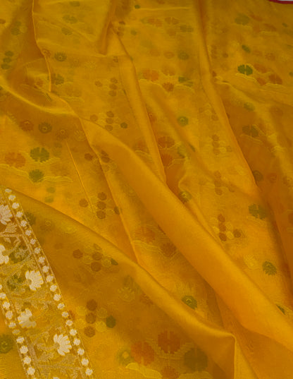 Yellow Pure Banarasi Kora Jamdani Saree