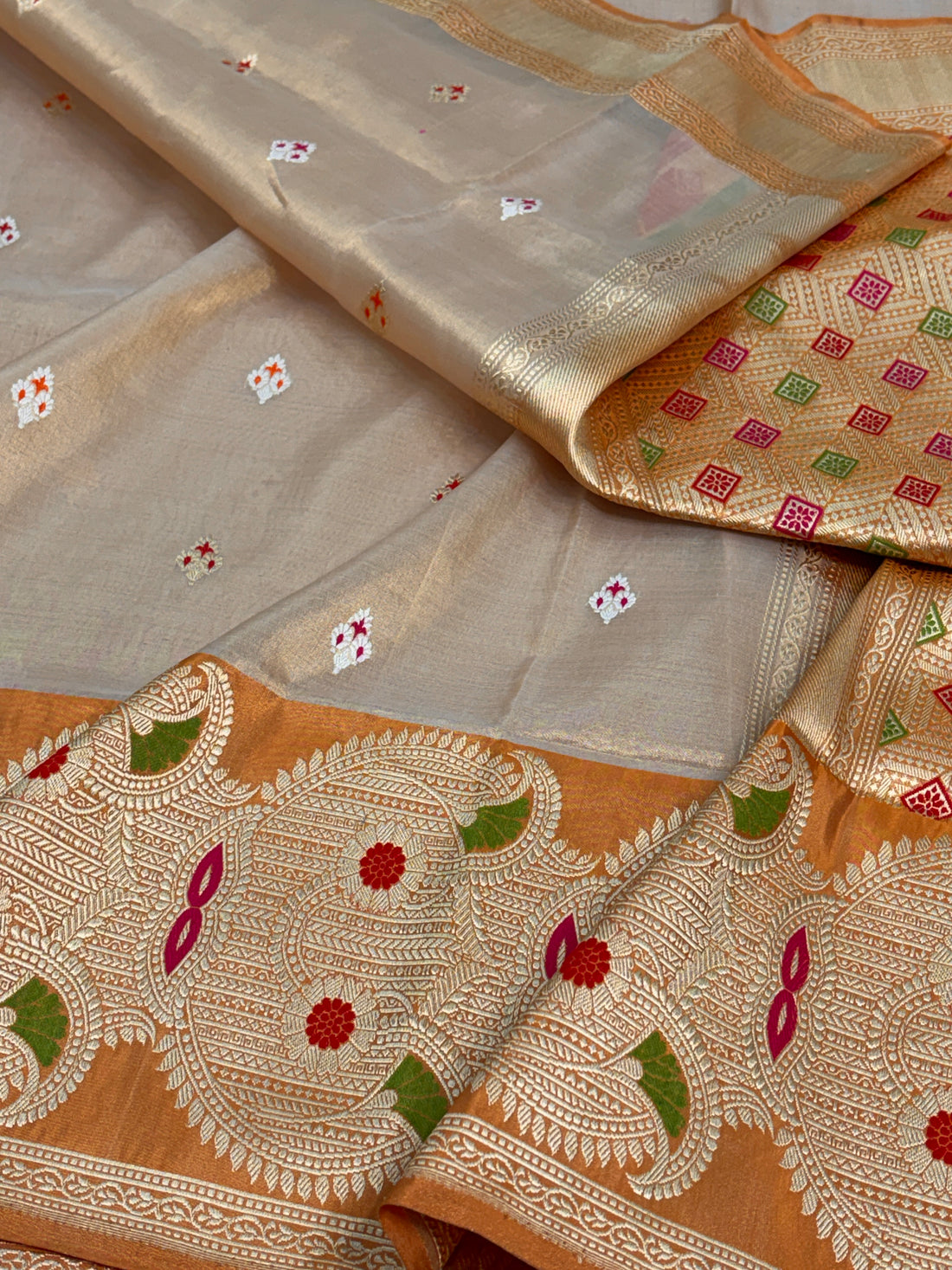 Cream Handwoven Pure Banarasi Katan Tissue Silk Saree