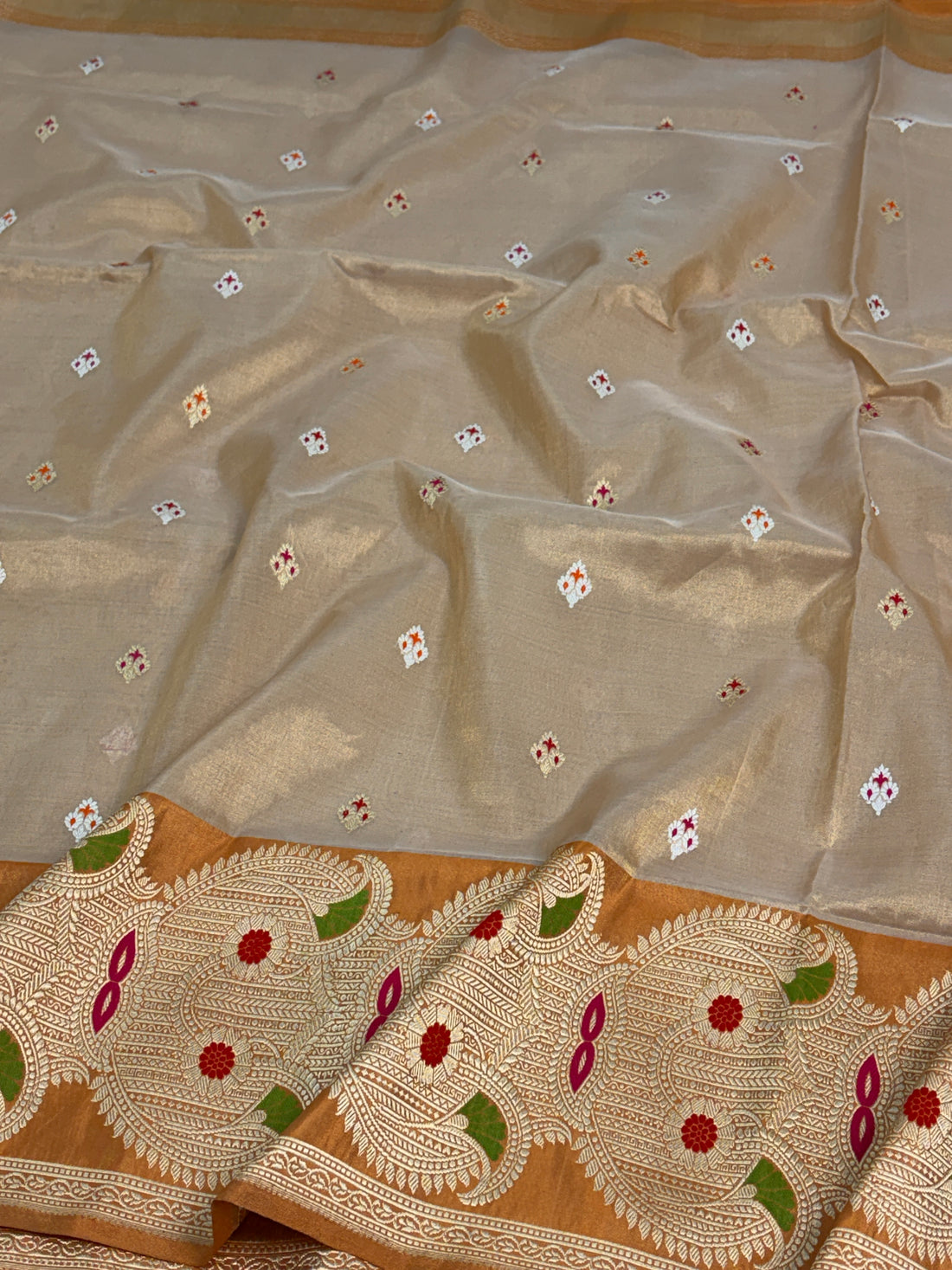 Cream Handwoven Pure Banarasi Katan Tissue Silk Saree