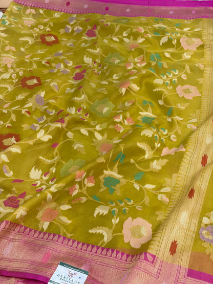 Teal Green Pure Banarasi Kora Jamdani Saree