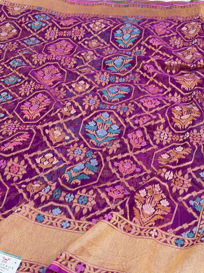 Purple Pure Banarasi Kora Jamdani Saree