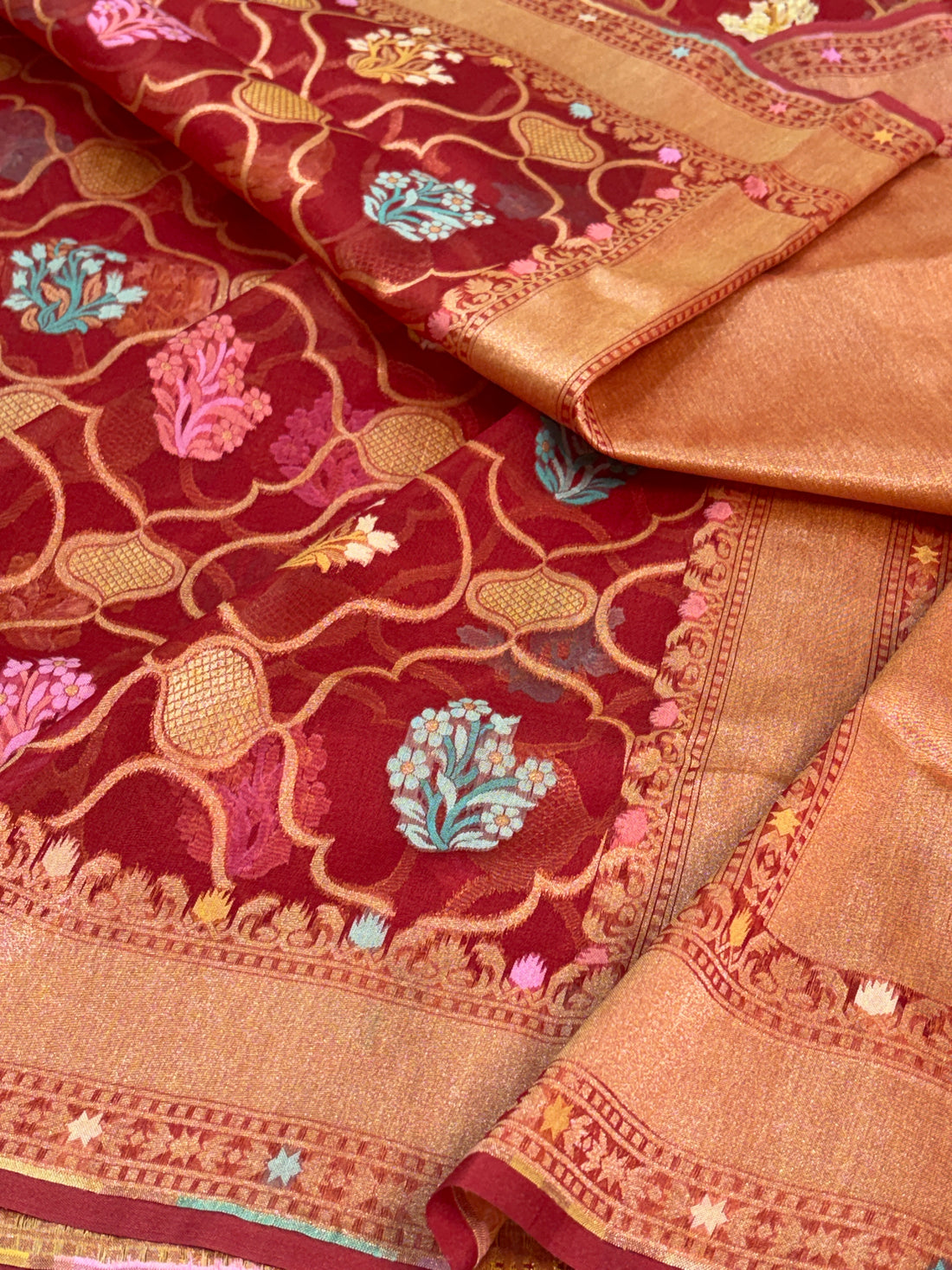 Red Pure Banarasi Kora Jamdani Saree