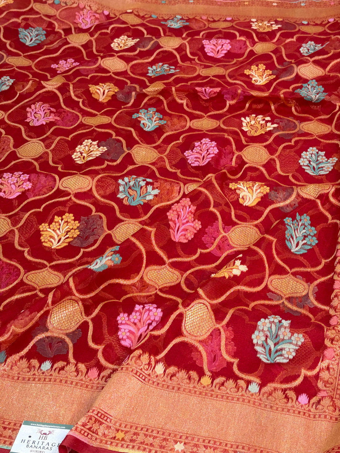 Red Pure Banarasi Kora Jamdani Saree
