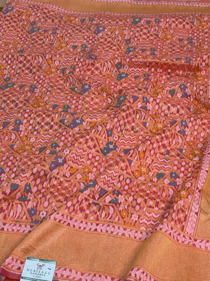 Light Peach Pure Banarasi Kora Jamdani Saree
