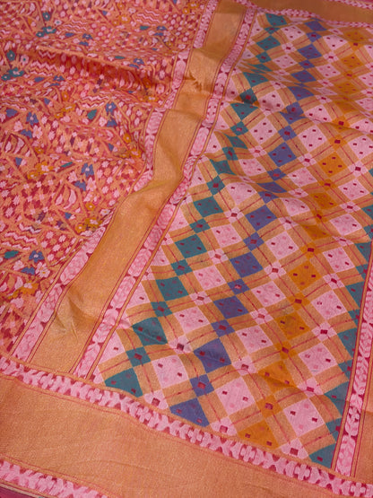 Light Peach Pure Banarasi Kora Jamdani Saree