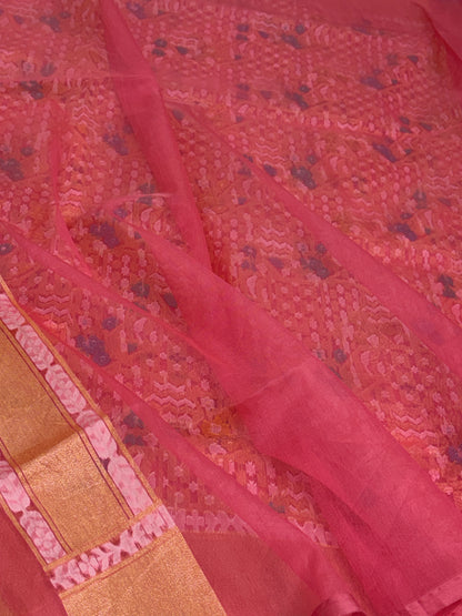 Light Peach Pure Banarasi Kora Jamdani Saree
