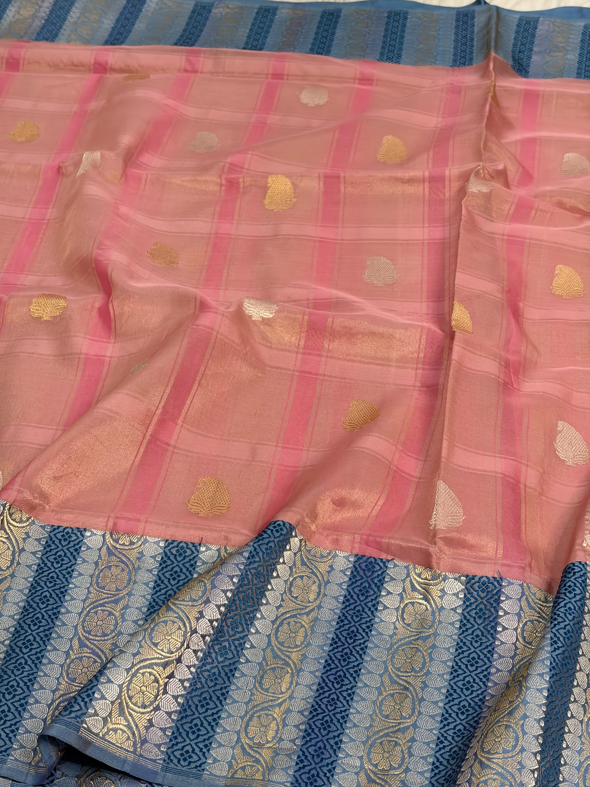 Peach Handwoven Pure Banarasi Katan Tissue Saree with Kadhiyaal Border