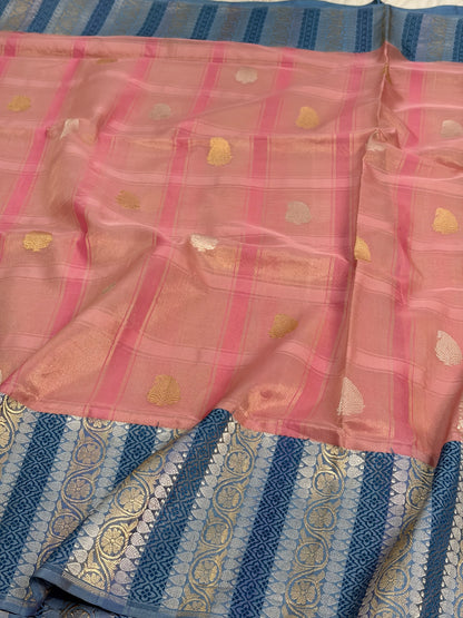 Peach Handwoven Pure Banarasi Katan Tissue Saree with Kadhiyaal Border