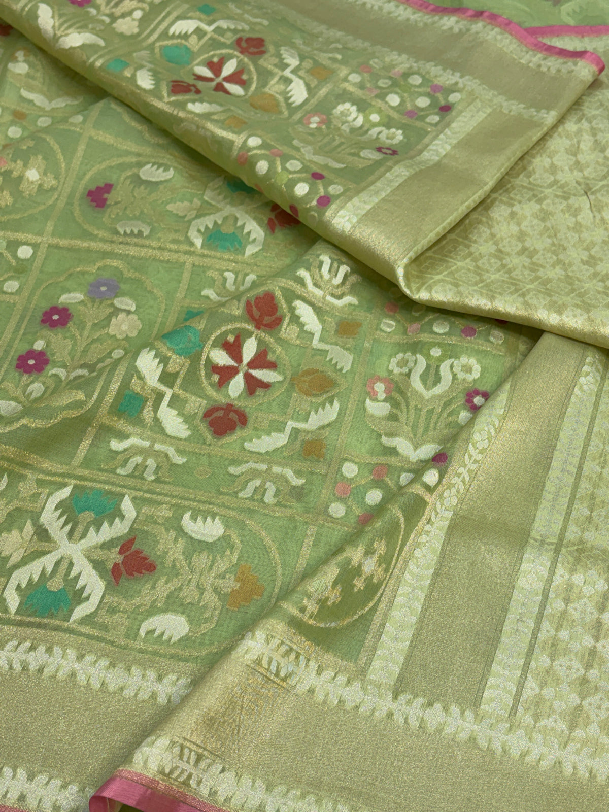Parrot Green Pure Banarasi Kora Jamdani Saree