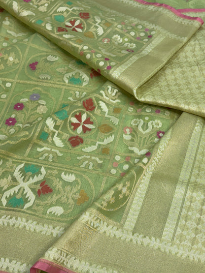 Parrot Green Pure Banarasi Kora Jamdani Saree