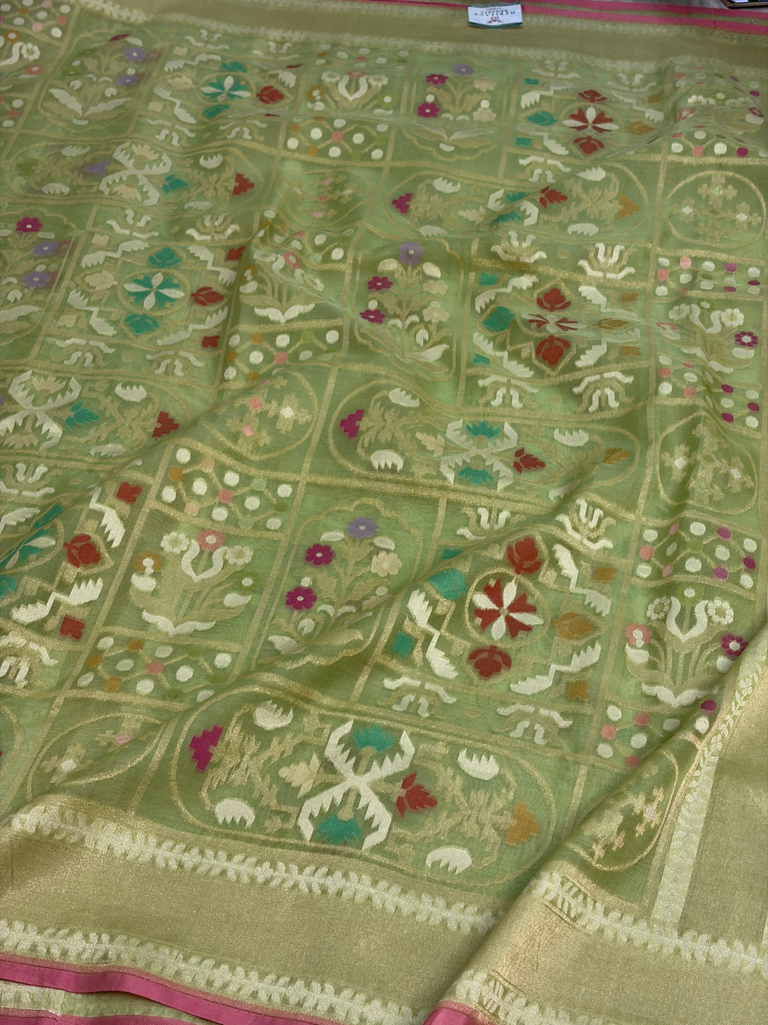 Parrot Green Pure Banarasi Kora Jamdani Saree