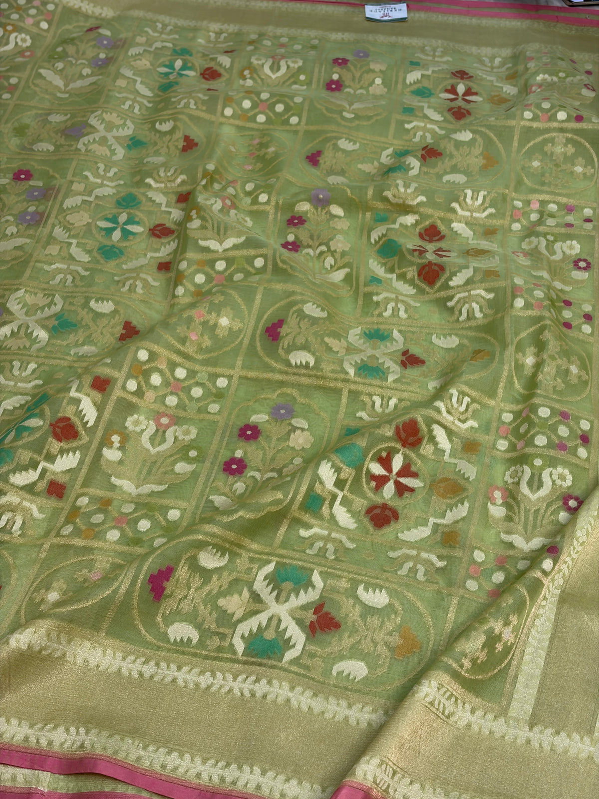Parrot Green Pure Banarasi Kora Jamdani Saree