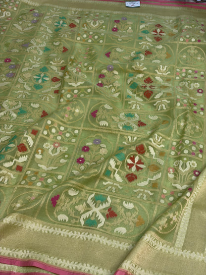 Parrot Green Pure Banarasi Kora Jamdani Saree