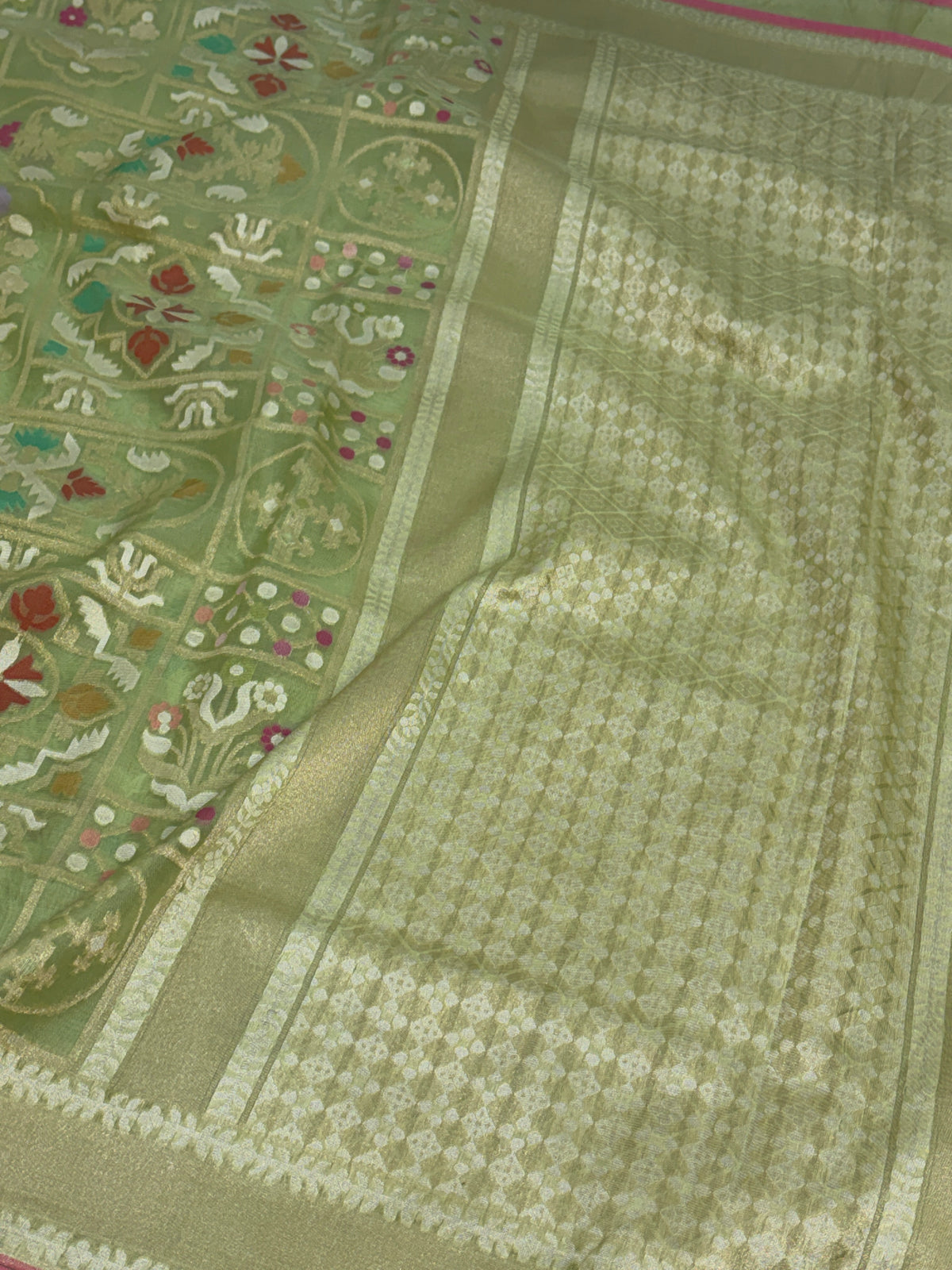 Parrot Green Pure Banarasi Kora Jamdani Saree