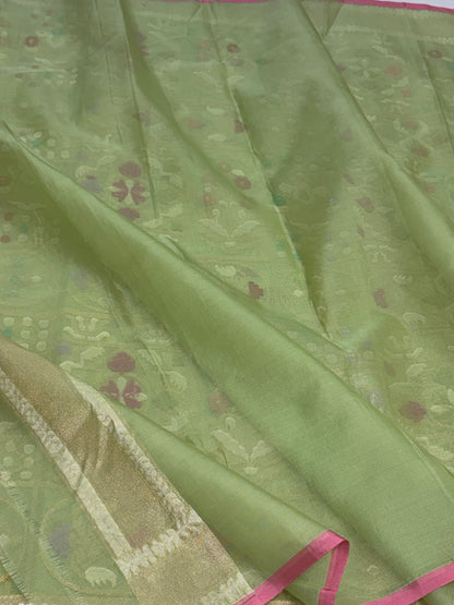 Parrot Green Pure Banarasi Kora Jamdani Saree