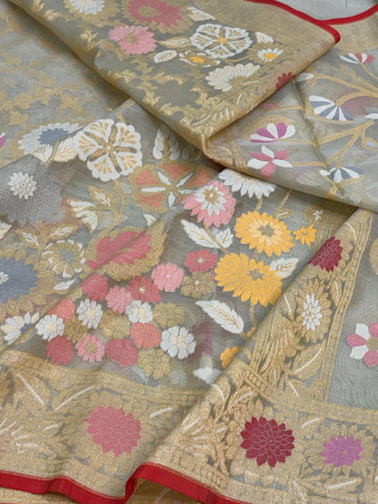 Half White Pure Banarasi Kora Jamdani Saree