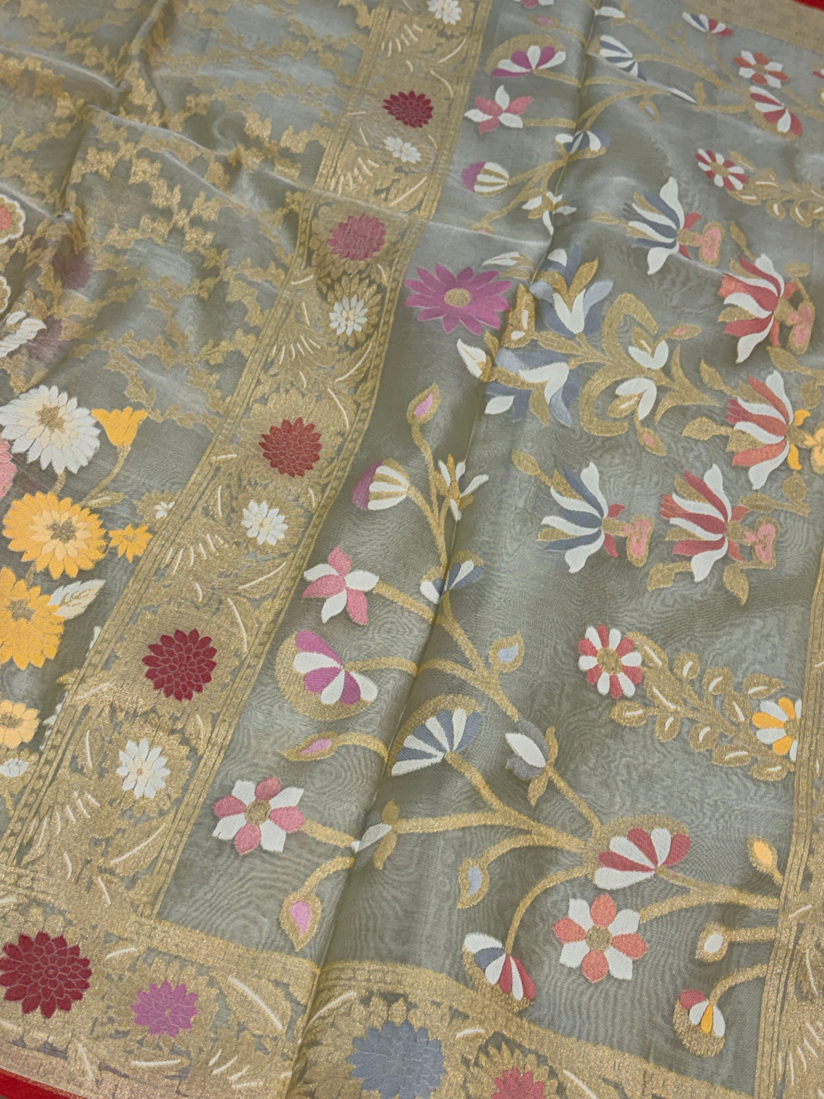 Half White Pure Banarasi Kora Jamdani Saree
