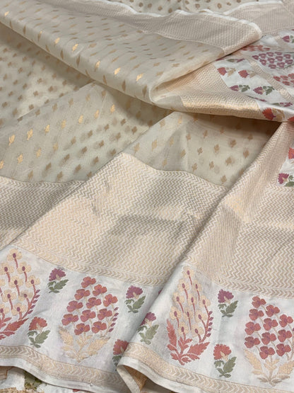 Ivory White Pure Kora Ektara Jamdani Banarasi Saree with Katan Silk Border