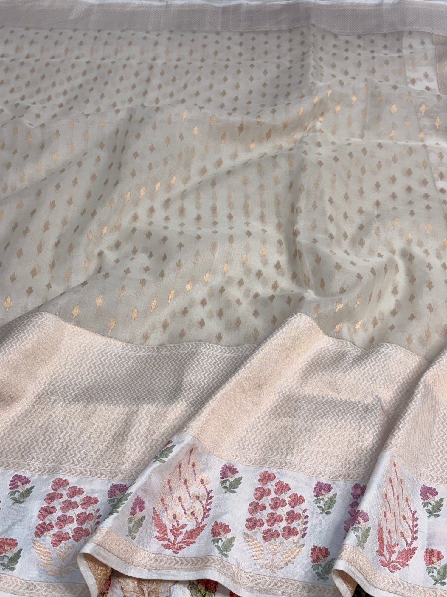 Ivory White Pure Kora Ektara Jamdani Banarasi Saree with Katan Silk Border