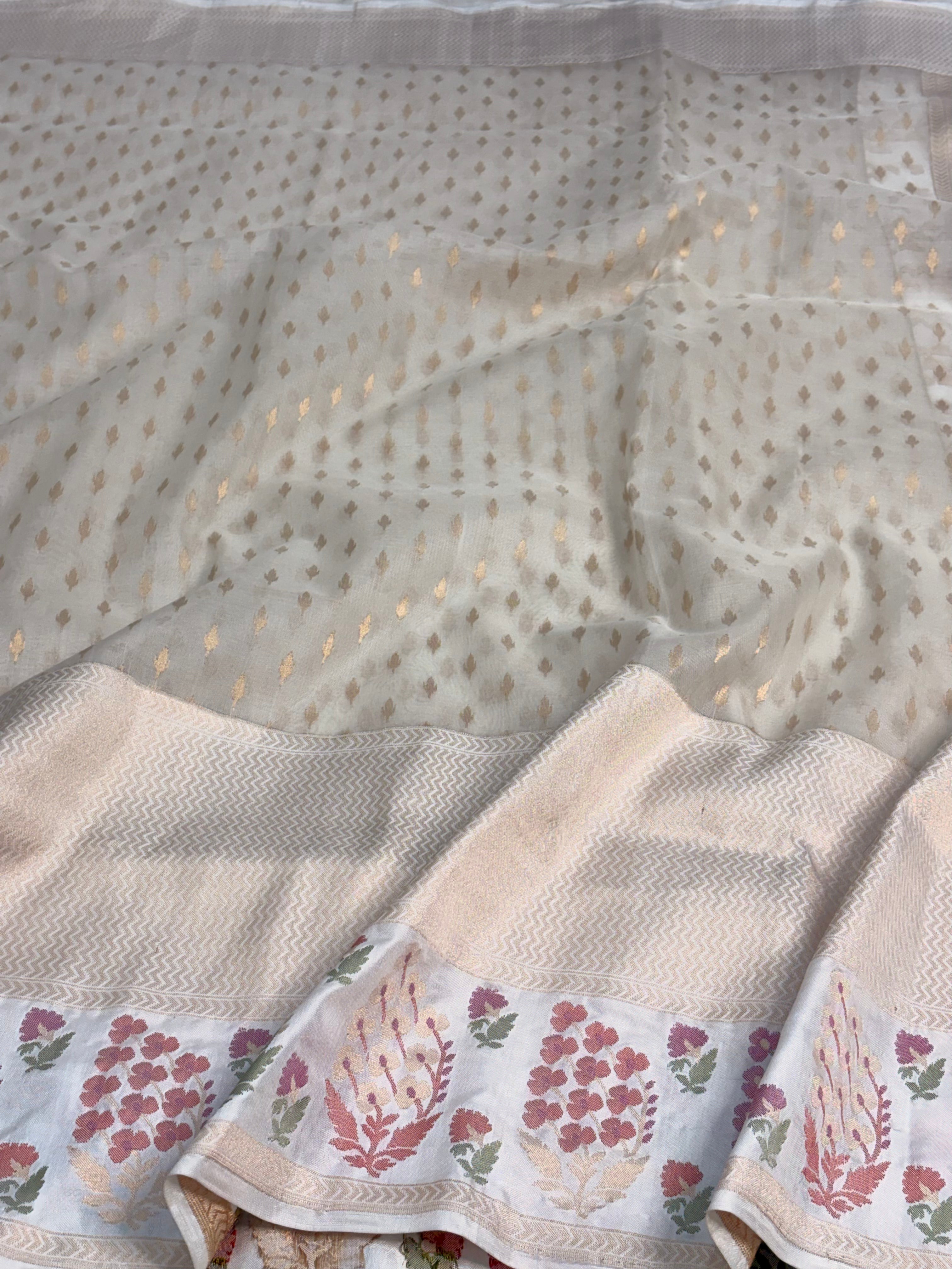 Ivory White Pure Kora Ektara Jamdani Banarasi Saree with Katan Silk Border