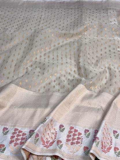 Ivory White Pure Kora Ektara Jamdani Banarasi Saree with Katan Silk Border