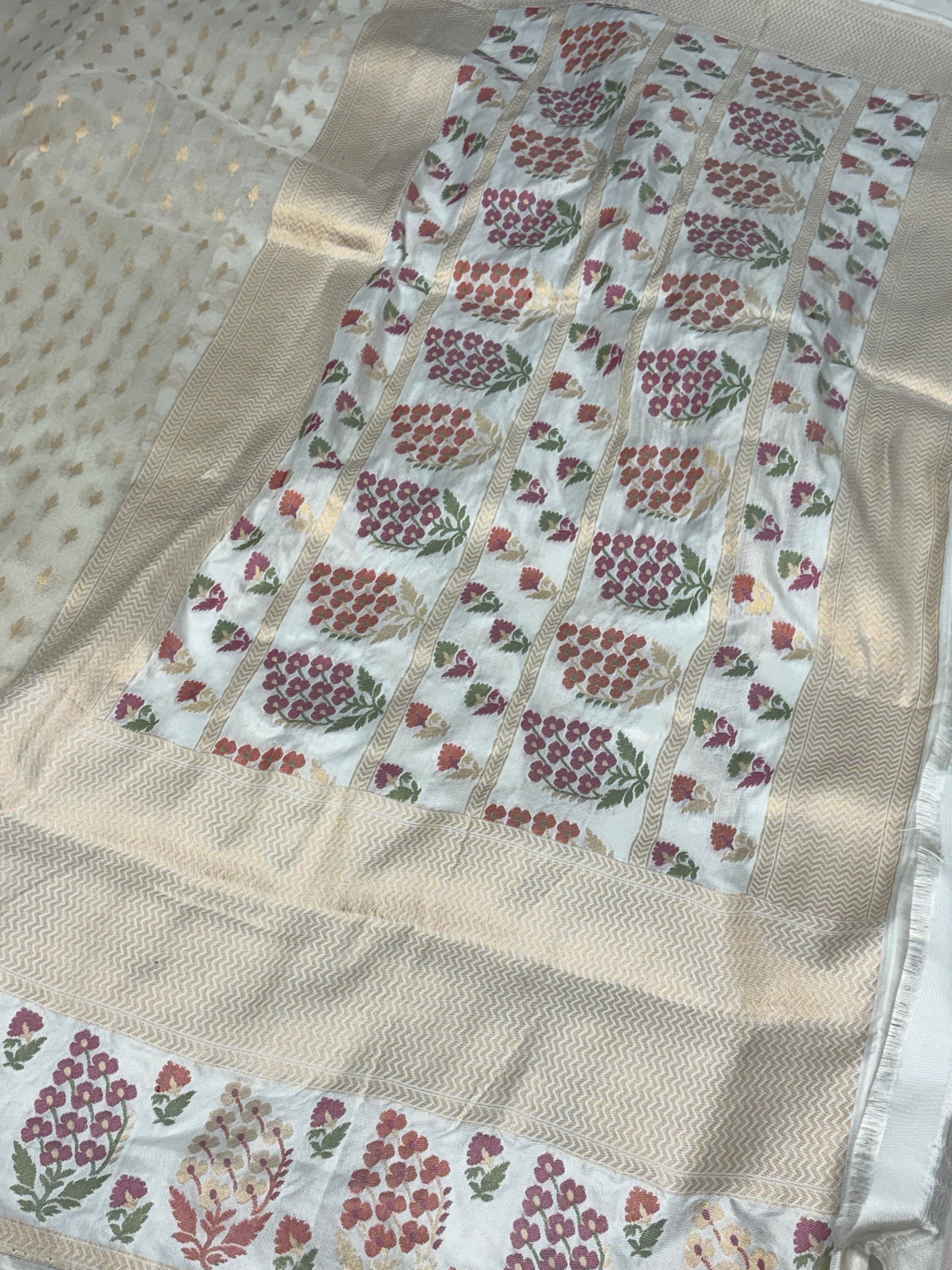 Ivory White Pure Kora Ektara Jamdani Banarasi Saree with Katan Silk Border