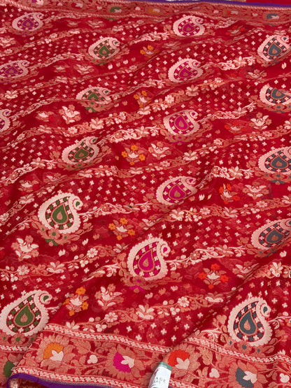 Red Pure Banarasi Kora Jamdani Saree