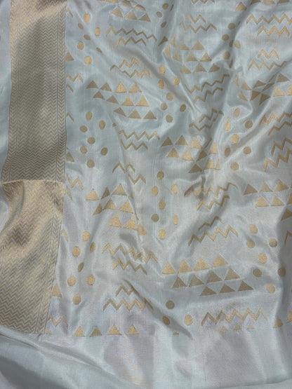 Ivory White Pure Kora Ektara Jamdani Banarasi Saree with Katan Silk Border