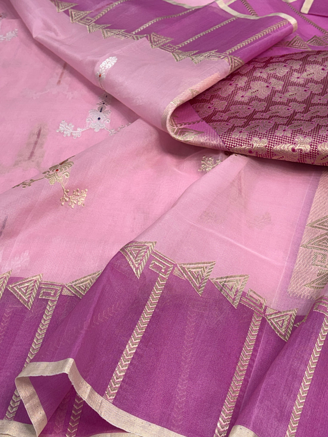 Baby Pink Pure Kora Banarasi Saree with Dark Contrast Designer Border
