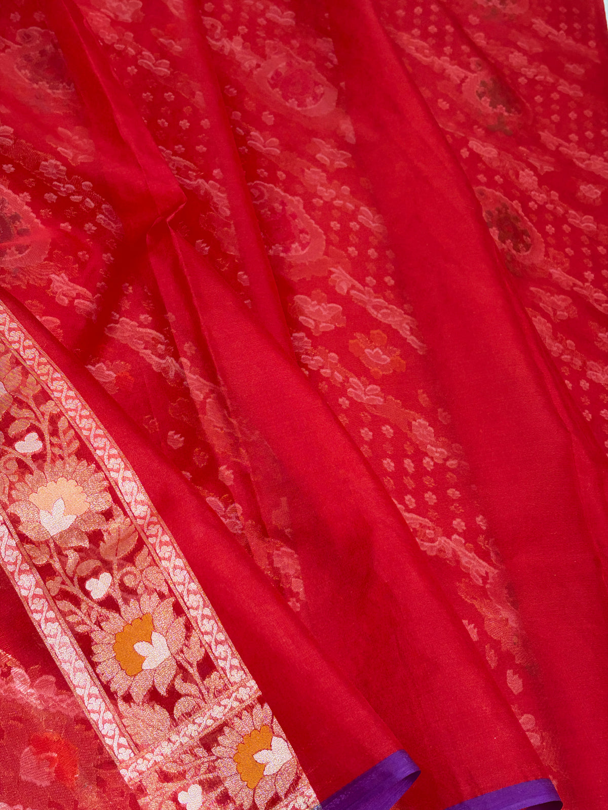 Red Pure Banarasi Kora Jamdani Saree