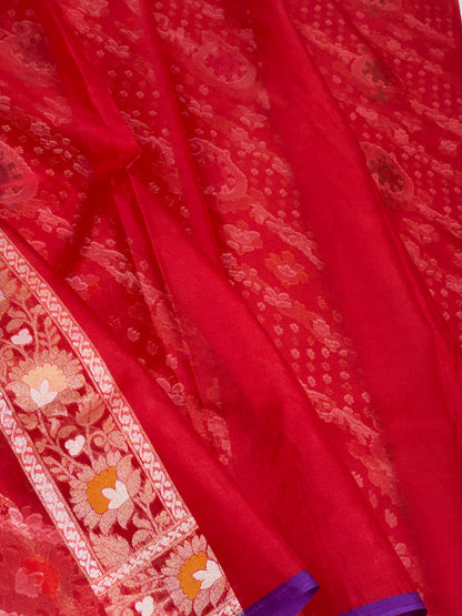 Red Pure Banarasi Kora Jamdani Saree
