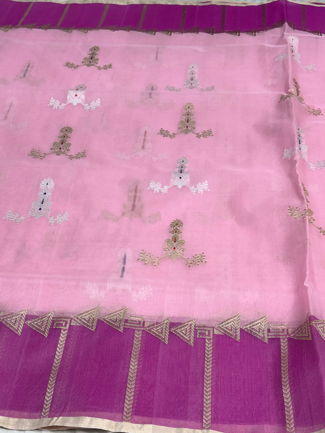Baby Pink Pure Kora Banarasi Saree with Dark Contrast Designer Border