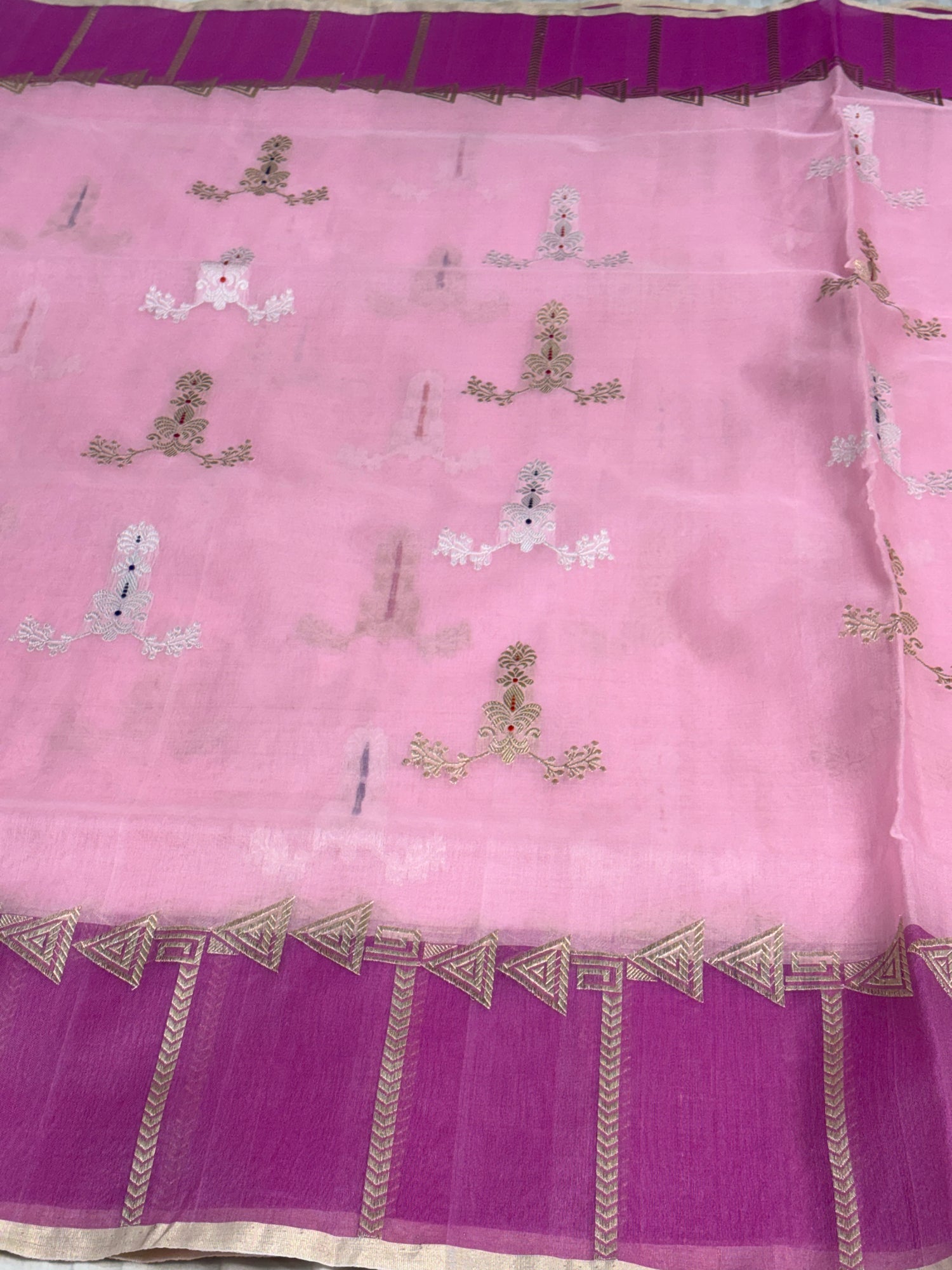 Baby Pink Pure Kora Banarasi Saree with Dark Contrast Designer Border