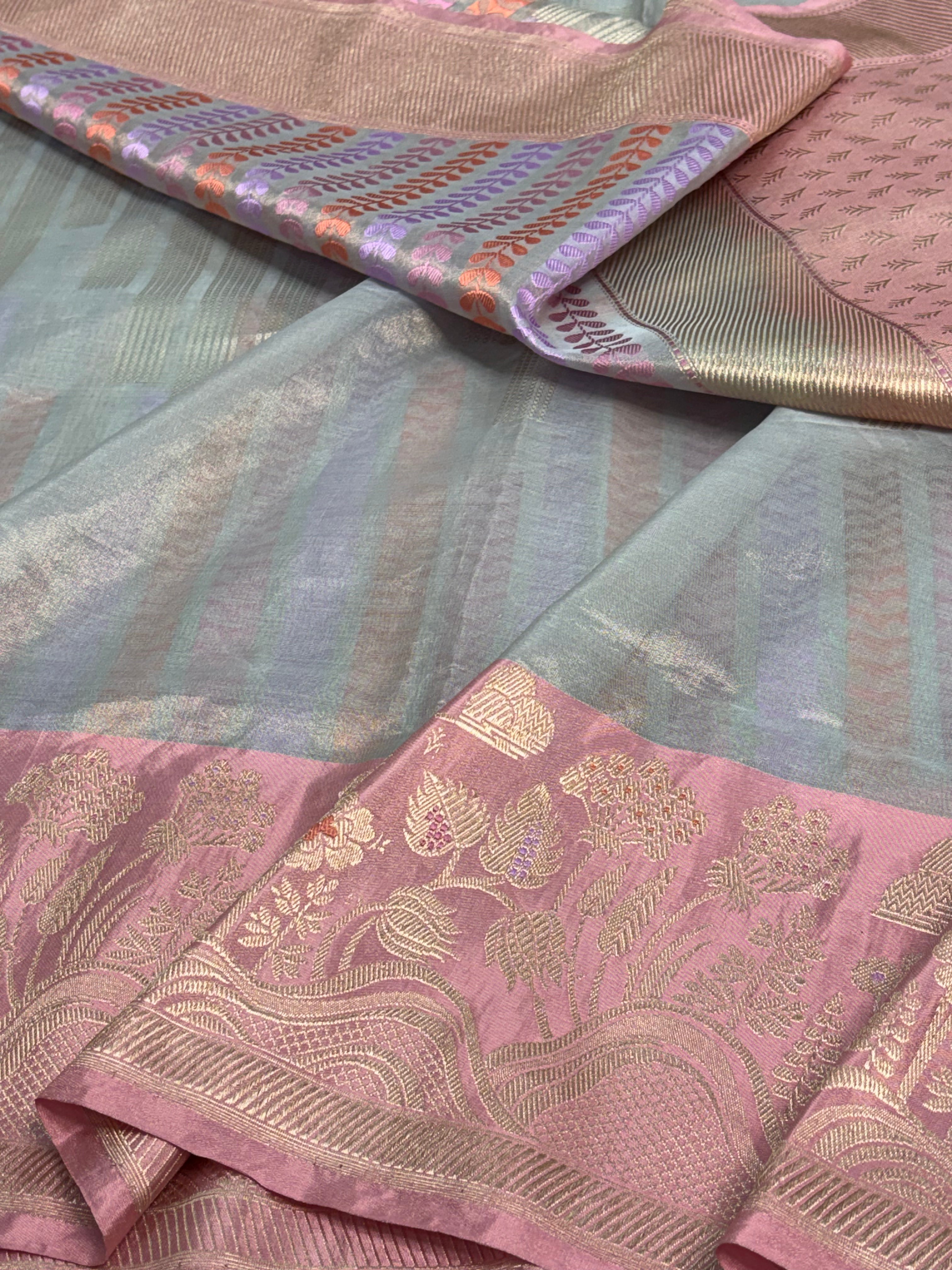 Grey Designer Tissue Handwoven Banarasi Saree with Baby Pink Katan Silk Border