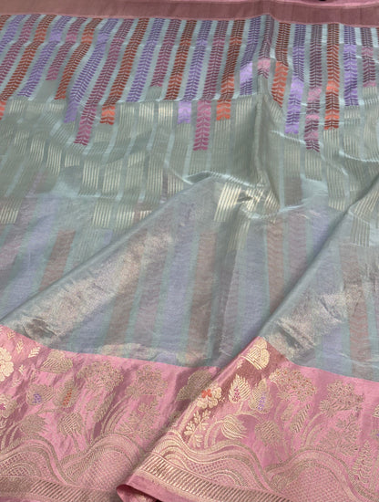 Grey Designer Tissue Handwoven Banarasi Saree with Baby Pink Katan Silk Border