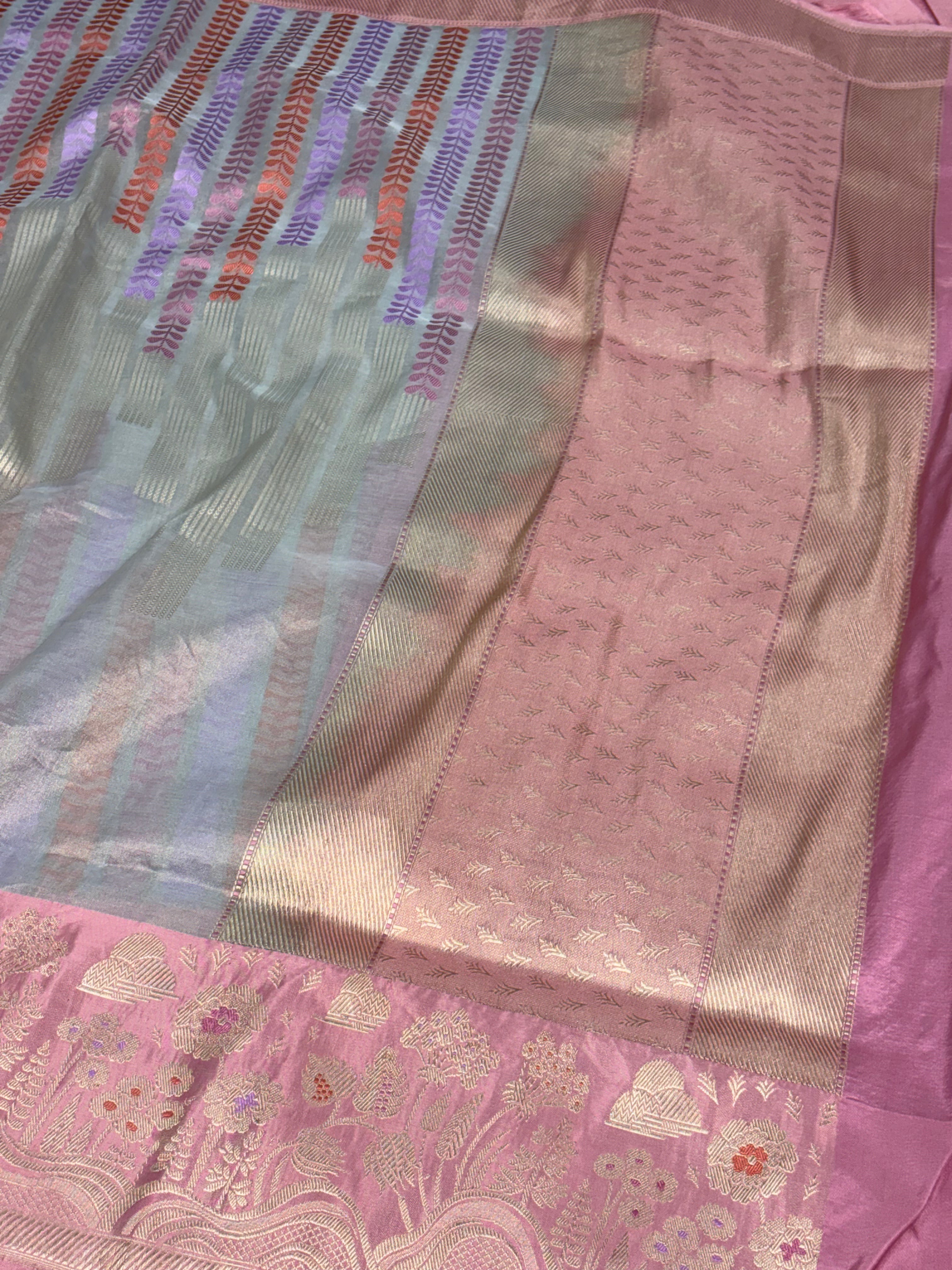 Grey Designer Tissue Handwoven Banarasi Saree with Baby Pink Katan Silk Border
