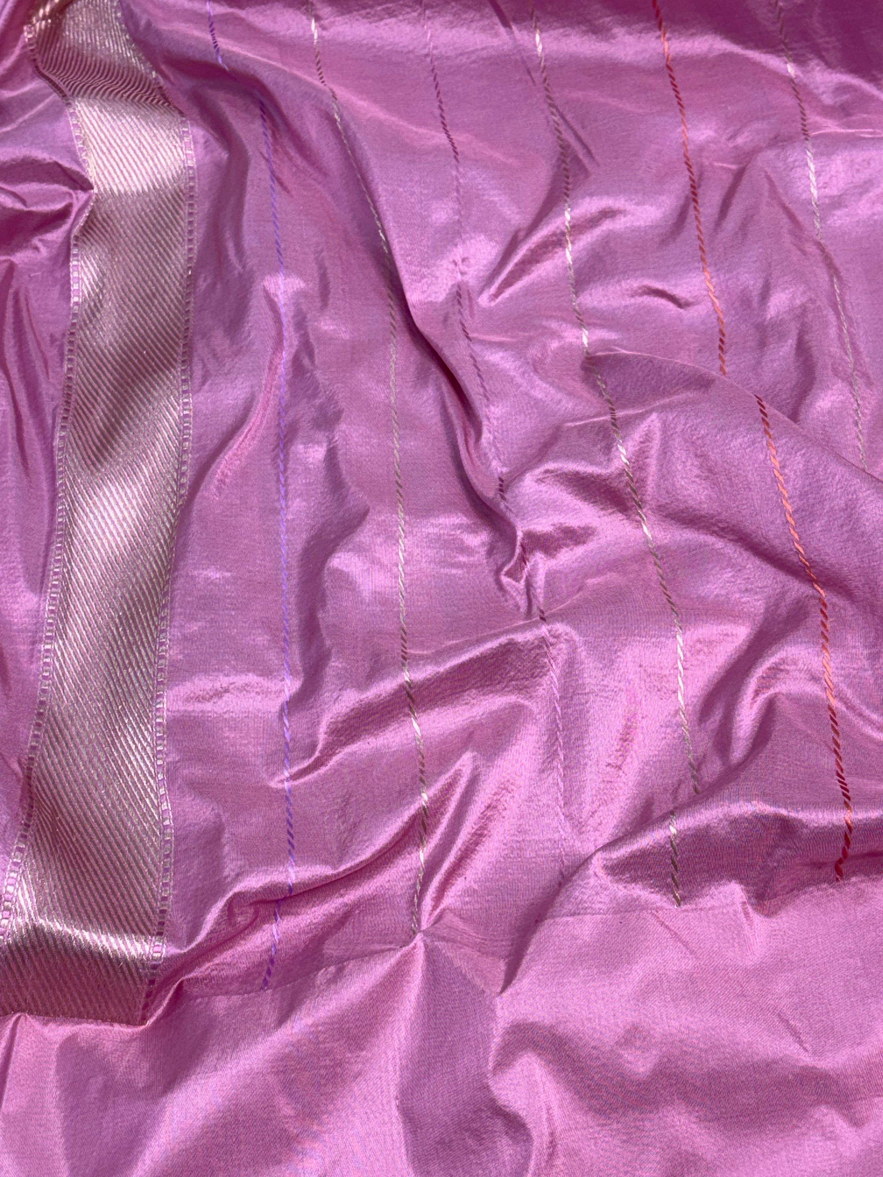 Grey Designer Tissue Handwoven Banarasi Saree with Baby Pink Katan Silk Border