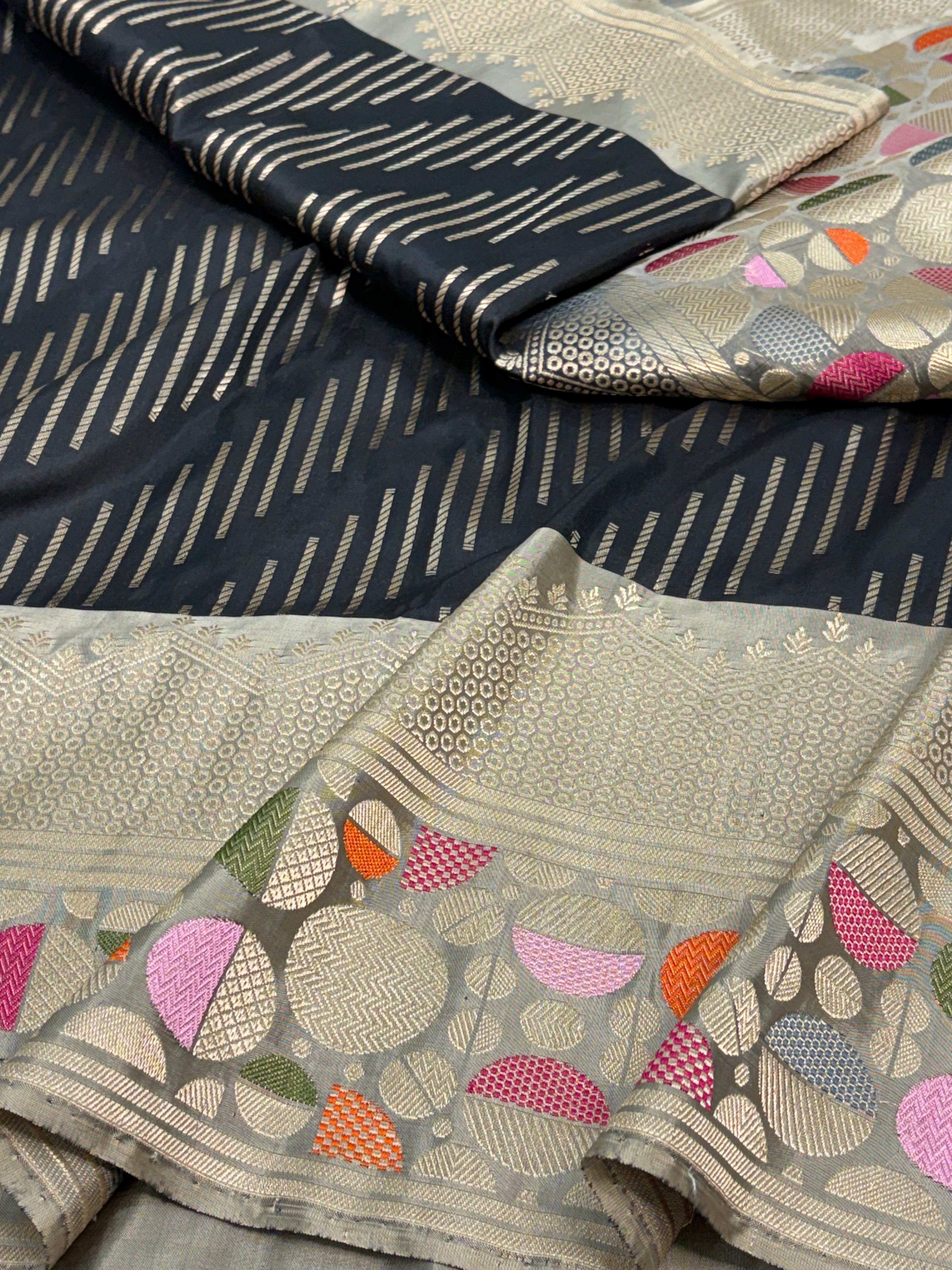 Black Modern Banarasi Pure Katan Silk Saree with Grey Meenakari Border