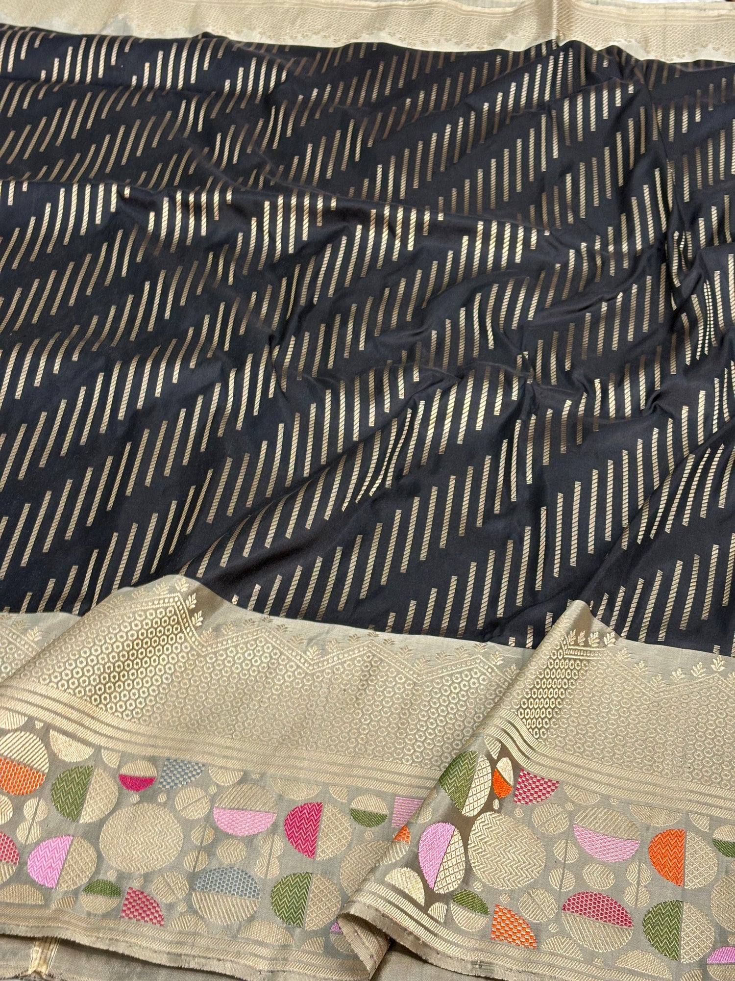 Black Modern Banarasi Pure Katan Silk Saree with Grey Meenakari Border