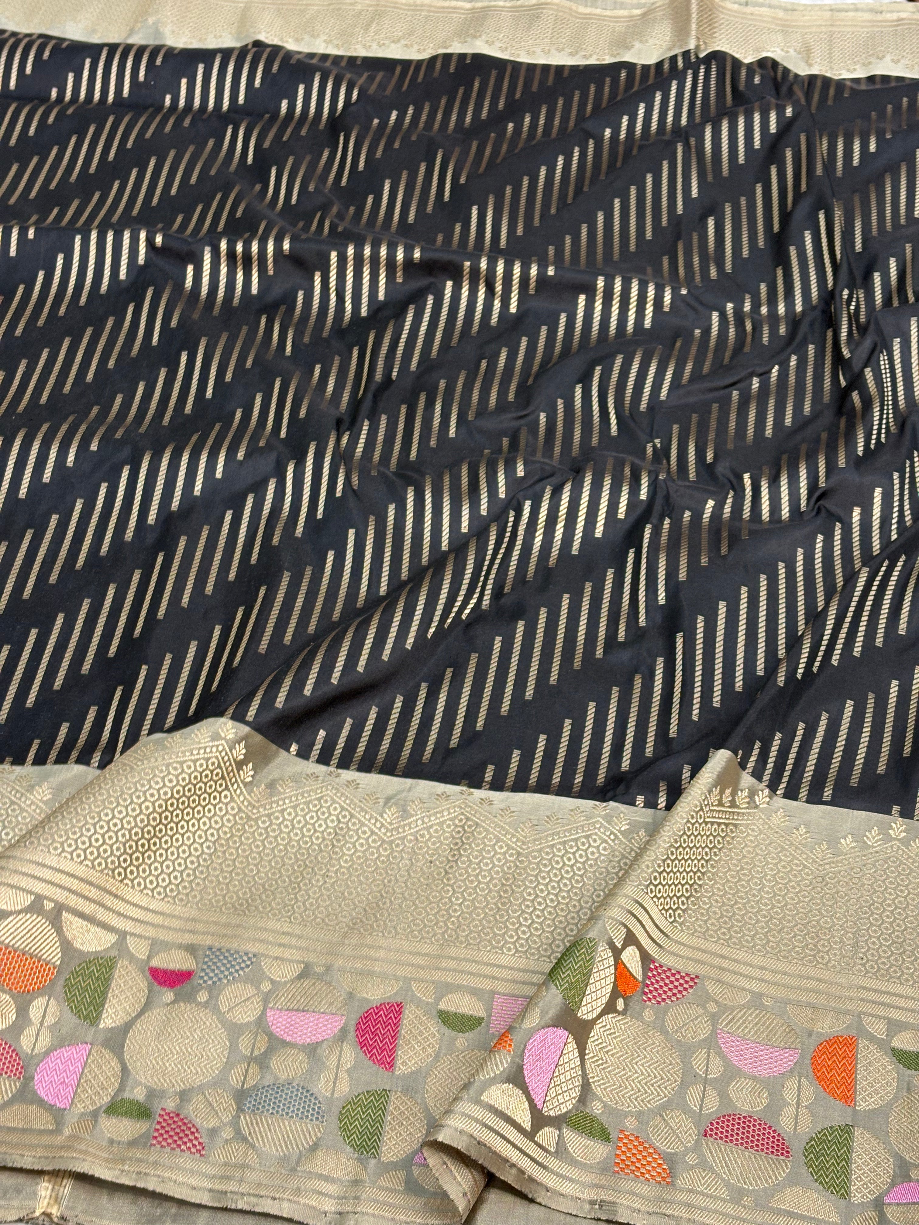 Black Modern Banarasi Pure Katan Silk Saree with Grey Meenakari Border