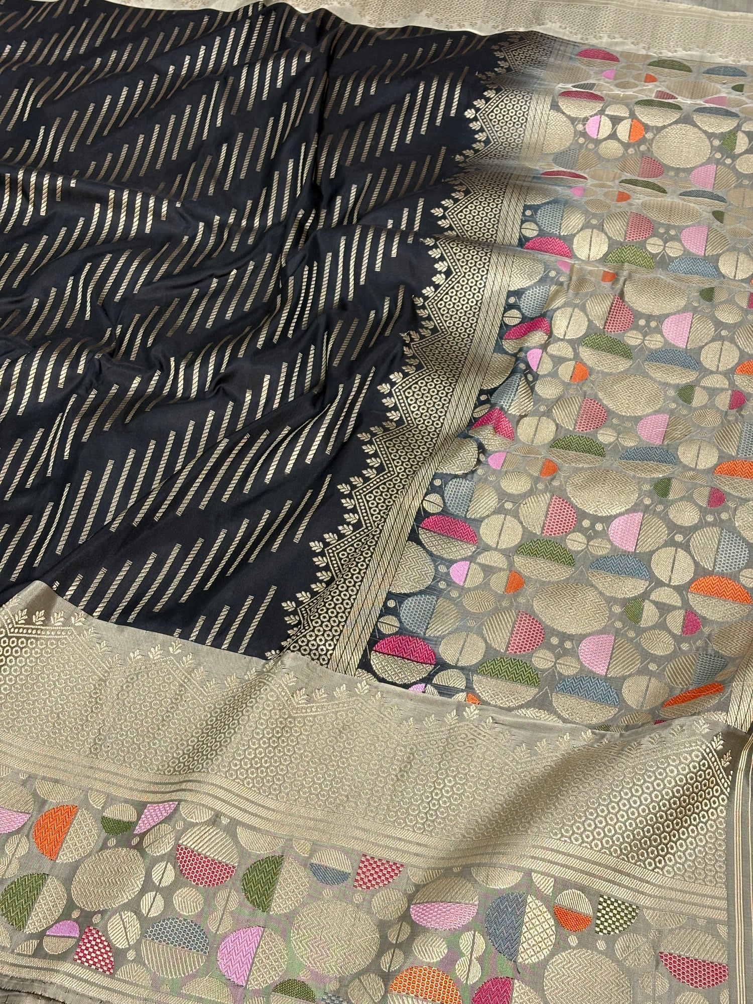 Black Modern Banarasi Pure Katan Silk Saree with Grey Meenakari Border