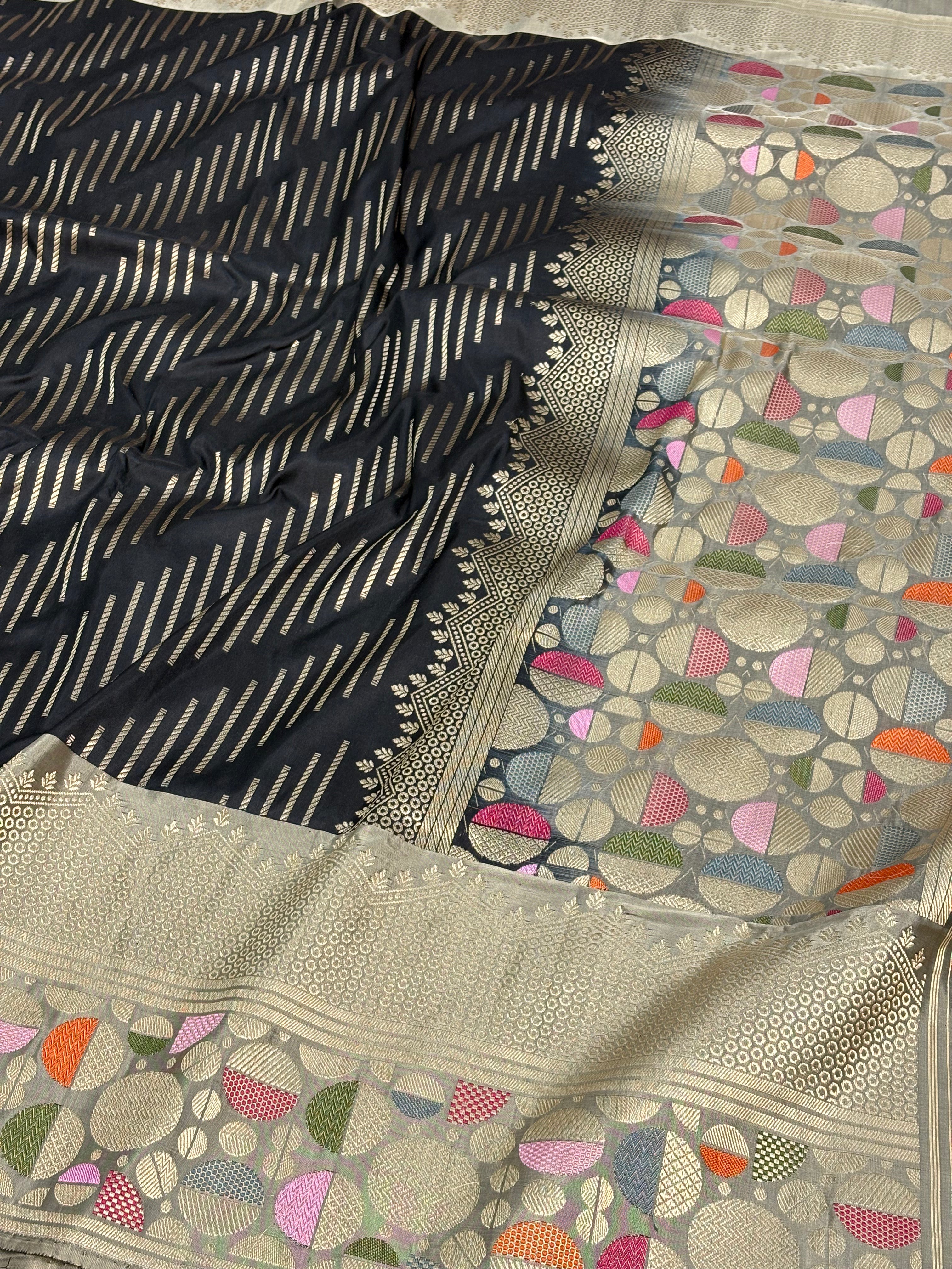 Black Modern Banarasi Pure Katan Silk Saree with Grey Meenakari Border
