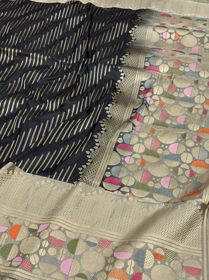 Black Modern Banarasi Pure Katan Silk Saree with Grey Meenakari Border