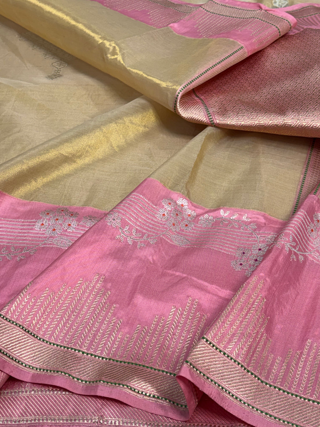 Goldish Tissue Handwoven Banarasi Saree with Baby Pink Katan Silk Border